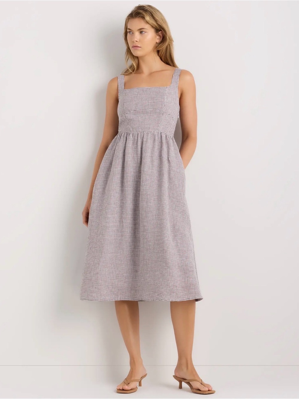 Quince Gingham Midi Dress in Brown and White